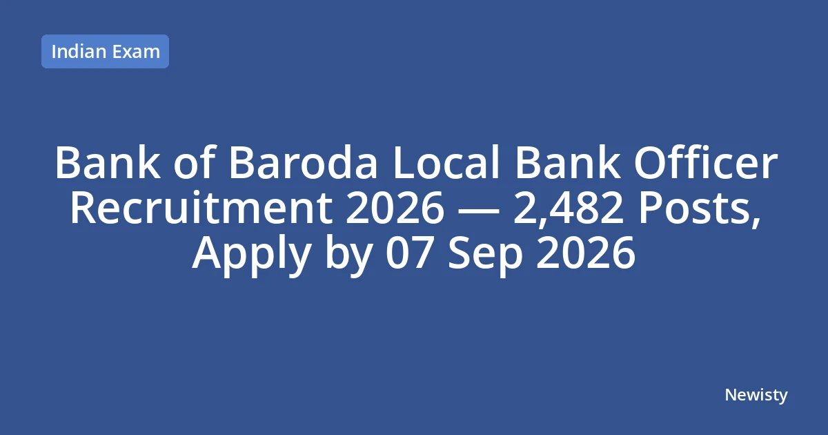 Bank of Baroda Local Bank Officer Recruitment 2026 — 2,482 Posts, Apply by 07 Sep 2026