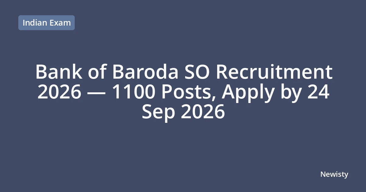 Bank of Baroda SO Recruitment 2026 — 1100 Posts, Apply by 24 Sep 2026