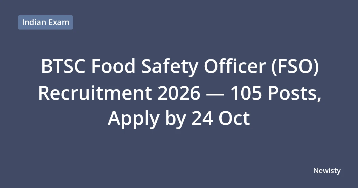 BTSC Food Safety Officer (FSO) Recruitment 2026 — 105 Posts, Apply by 24 Oct