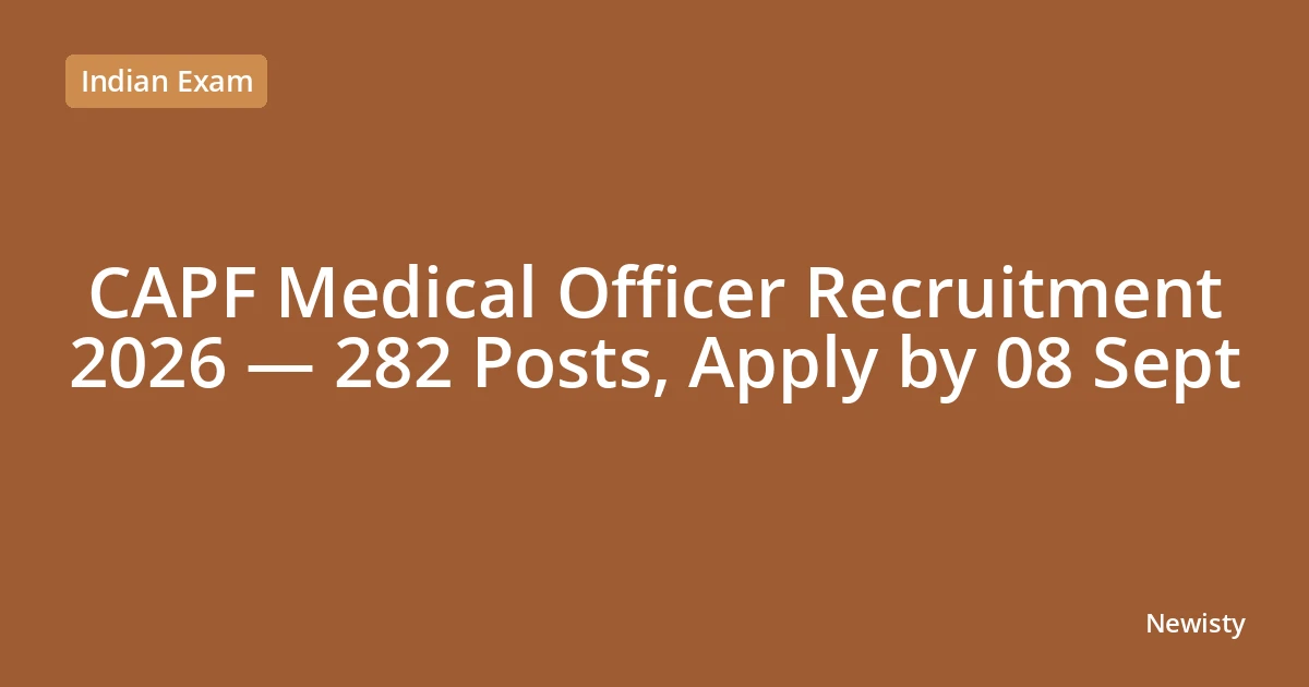 CAPF Medical Officer Recruitment 2026 — 282 Posts, Apply by 08 Sept