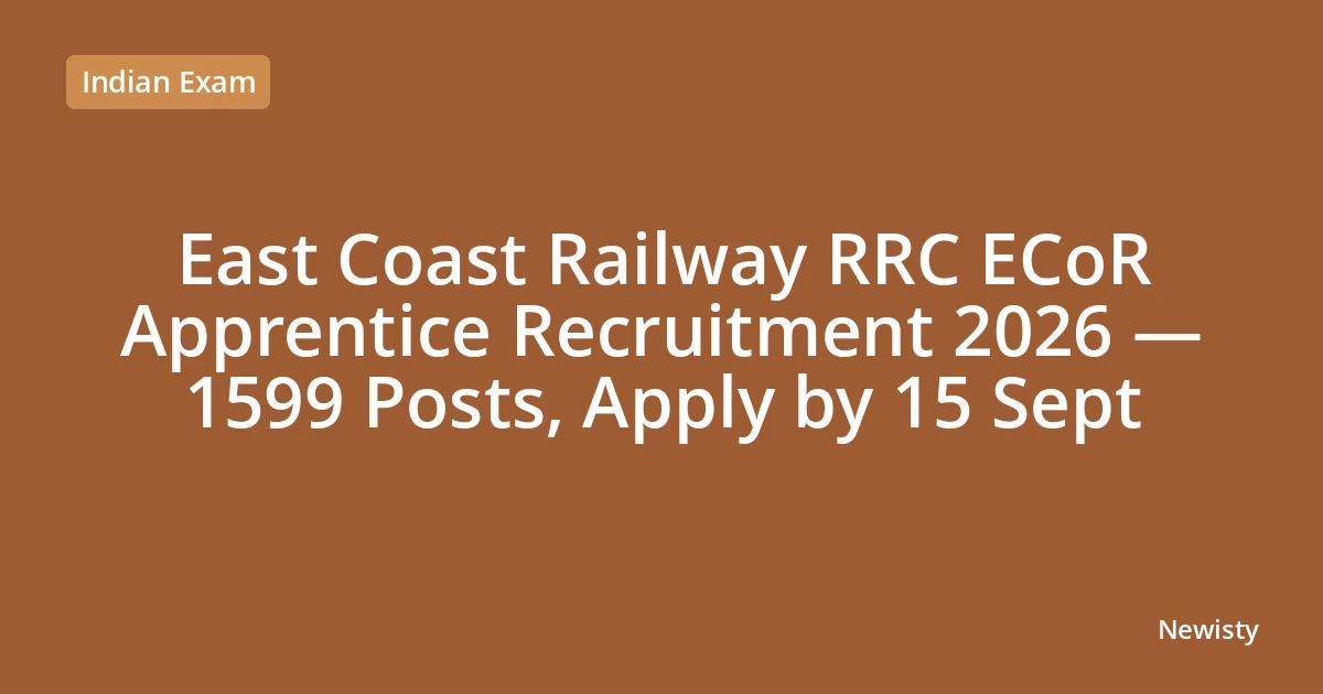 East Coast Railway RRC ECoR Apprentice Recruitment 2026 — 1599 Posts, Apply by 15 Sept