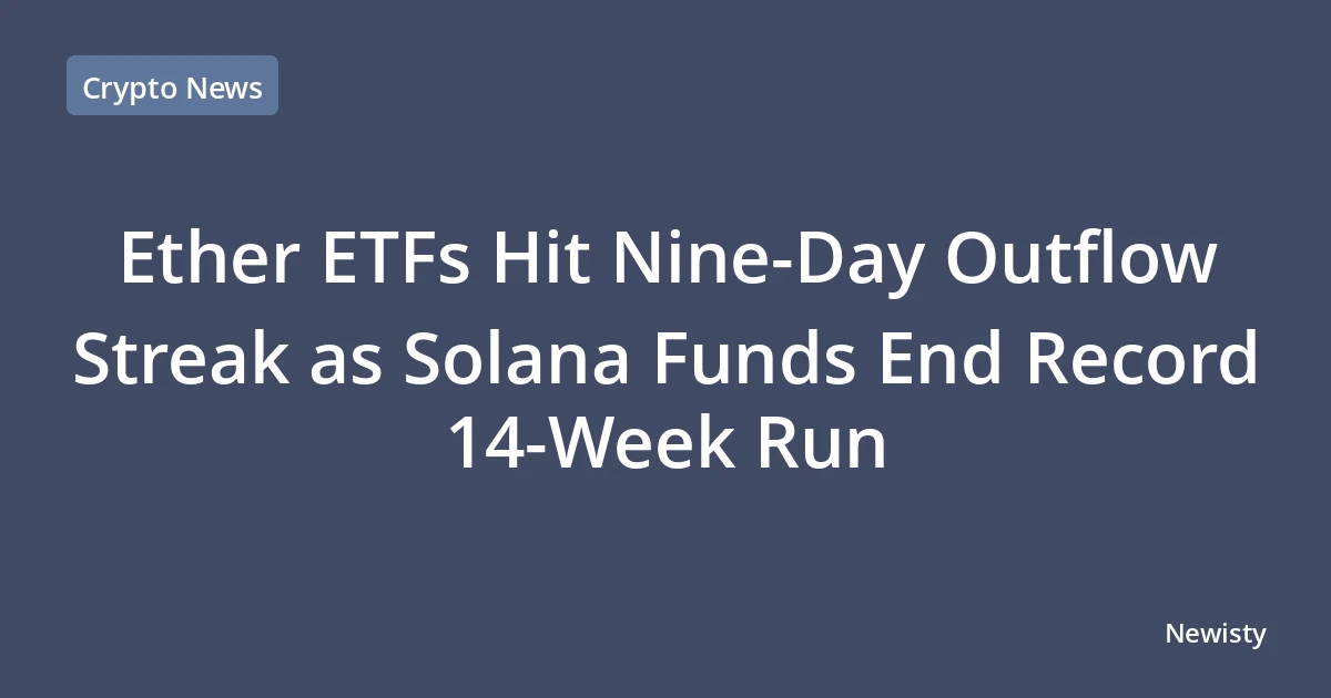 Ether ETFs Hit Nine-Day Outflow Streak as Solana Funds End Record 14-Week Run