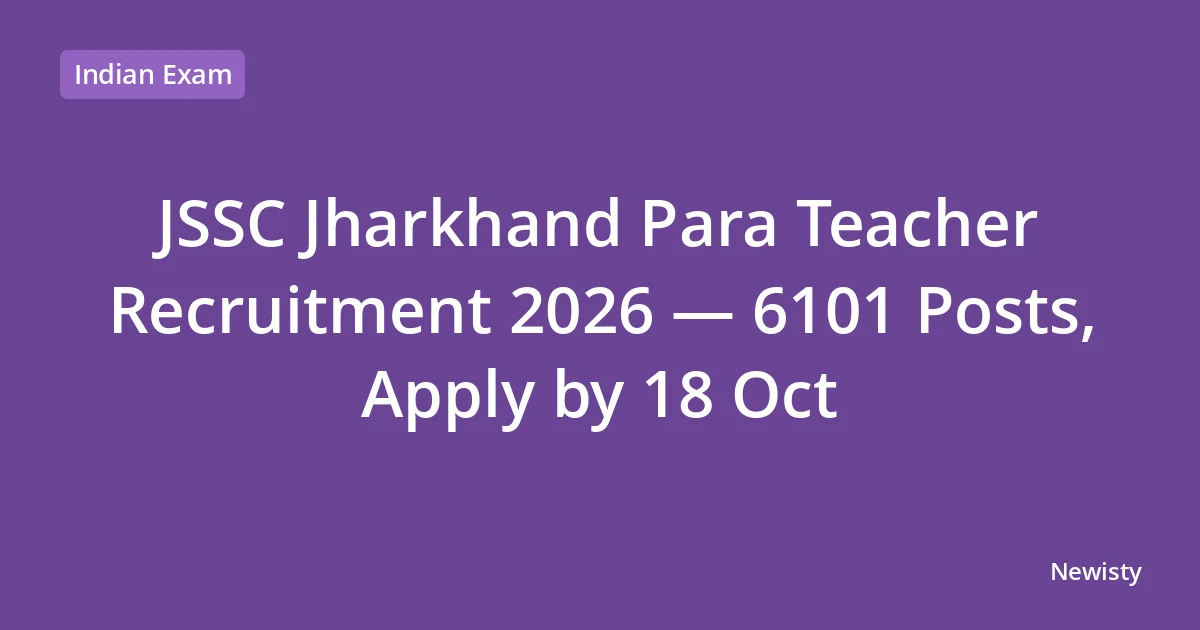 JSSC Jharkhand Para Teacher Recruitment 2026 — 6101 Posts, Apply by 18 Oct