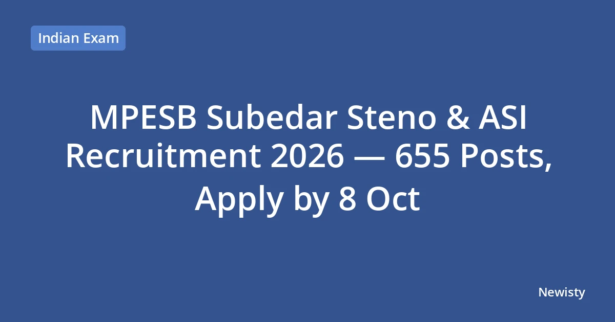 MPESB Subedar Steno & ASI Recruitment 2026 — 655 Posts, Apply by 8 Oct