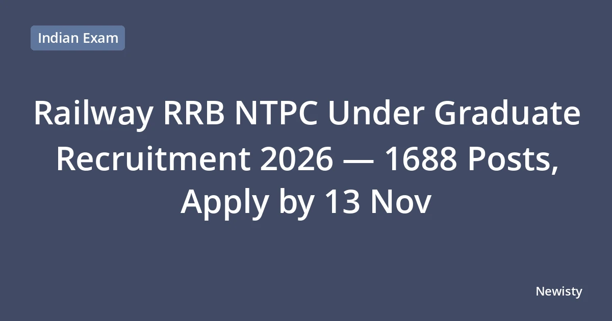Railway RRB NTPC Under Graduate Recruitment 2026 — 1688 Posts, Apply by 13 Nov
