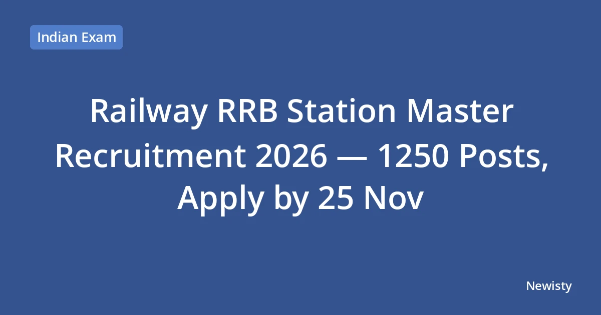 Railway RRB Station Master Recruitment 2026 — 1250 Posts, Apply by 25 Nov