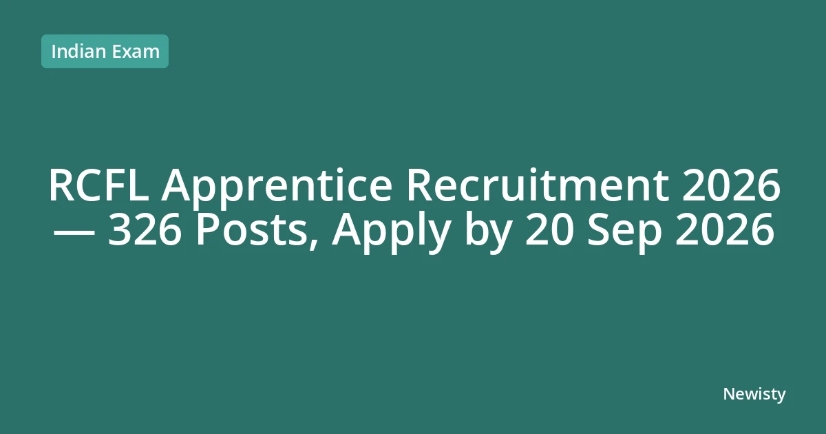 RCFL Apprentice Recruitment 2026 — 326 Posts, Apply by 20 Sep 2026