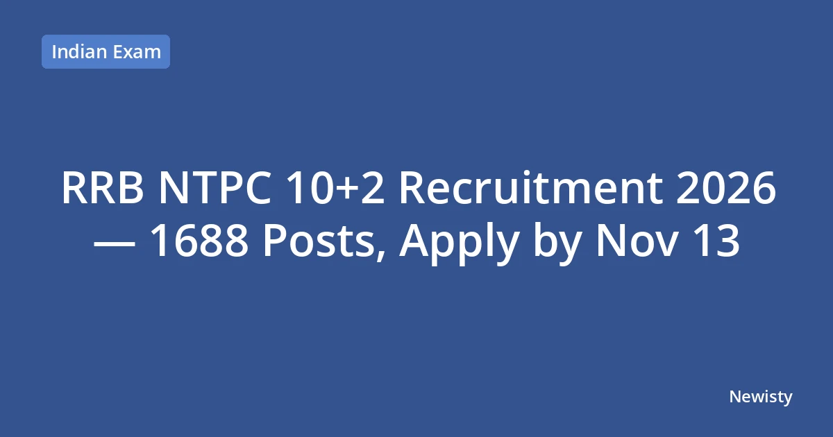 RRB NTPC 10+2 Recruitment 2026 — 1688 Posts, Apply by Nov 13