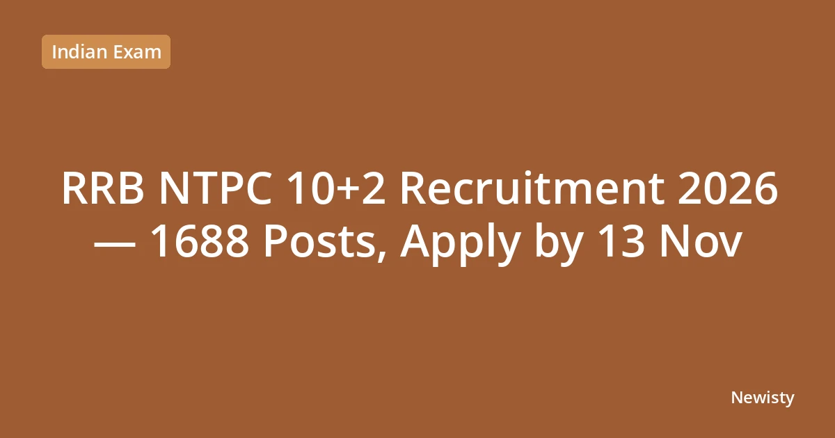 RRB NTPC 10+2 Recruitment 2026 — 1688 Posts, Apply by 13 Nov
