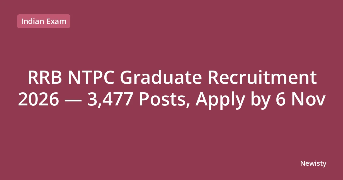 RRB NTPC Graduate Recruitment 2026 — 3,477 Posts, Apply by 6 Nov