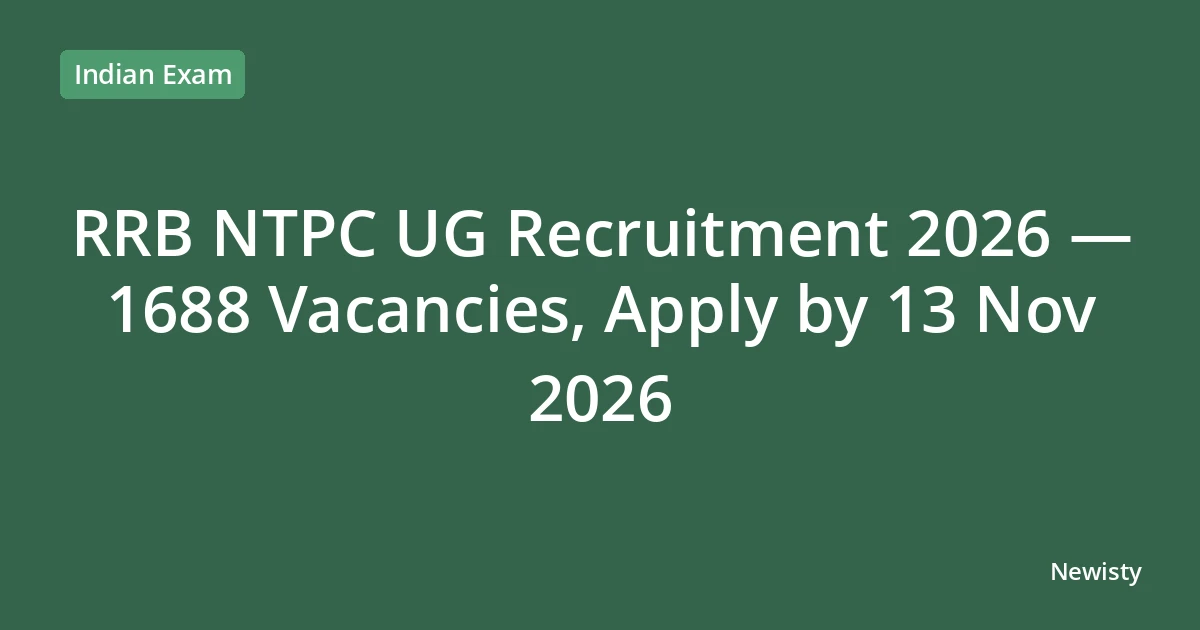 RRB NTPC UG Recruitment 2026 — 1688 Vacancies, Apply by 13 Nov 2026