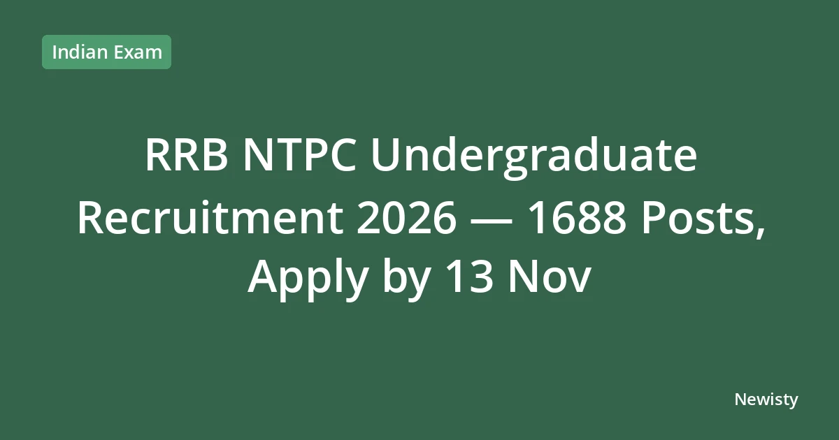RRB NTPC Undergraduate Recruitment 2026 — 1688 Posts, Apply by 13 Nov