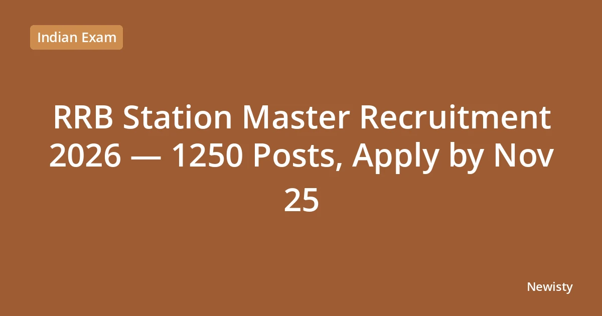 RRB Station Master Recruitment 2026 — 1250 Posts, Apply by Nov 25