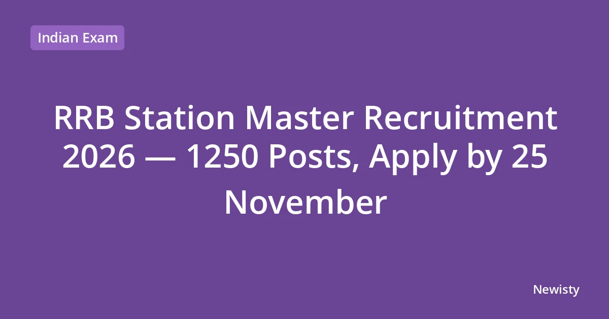 RRB Station Master Recruitment 2026 — 1250 Posts, Apply by 25 November
