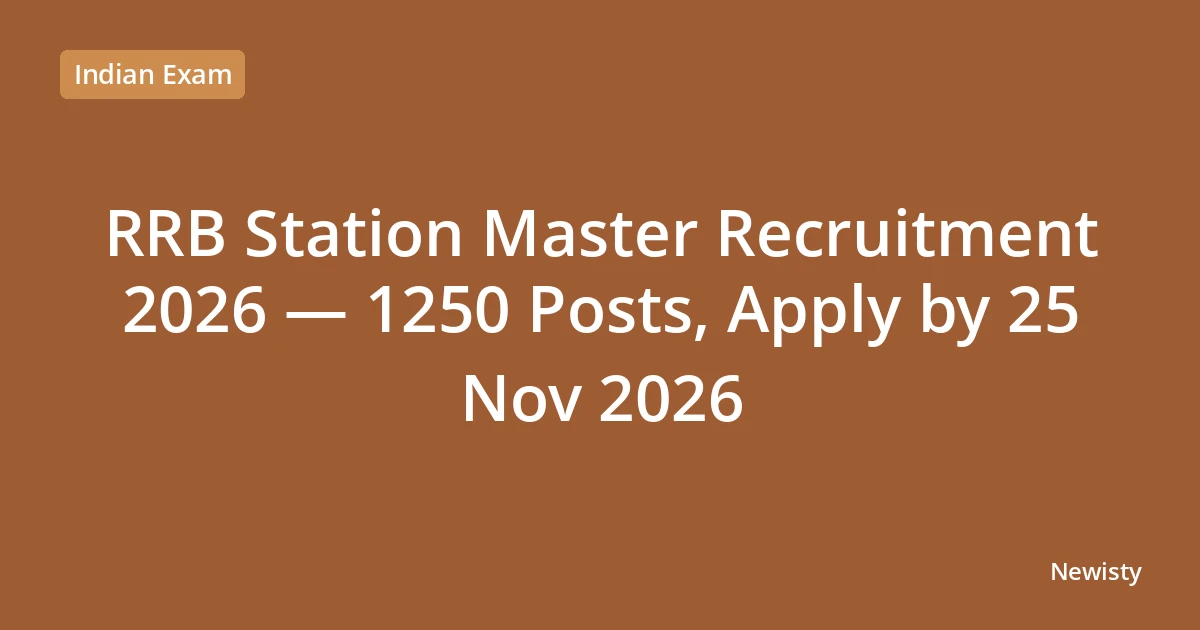 RRB Station Master Recruitment 2026 — 1250 Posts, Apply by 25 Nov 2026