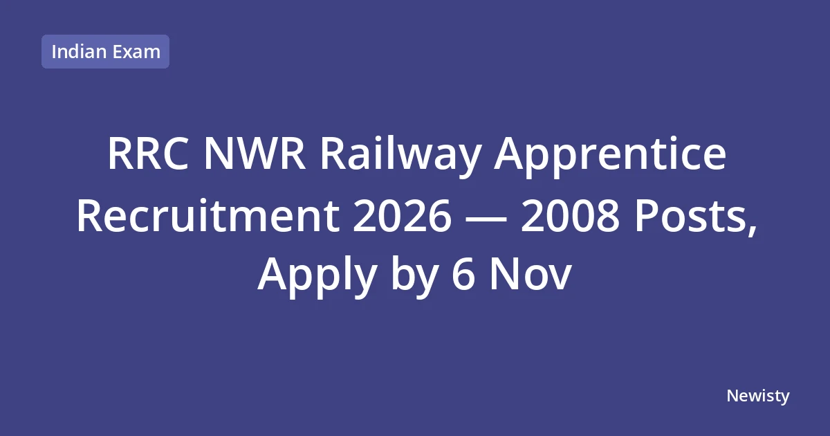 RRC NWR Railway Apprentice Recruitment 2026 — 2008 Posts, Apply by 6 Nov