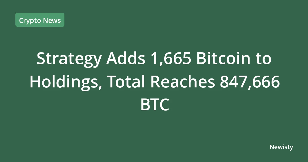 Strategy Adds 1,665 Bitcoin to Holdings, Total Reaches 847,666 BTC