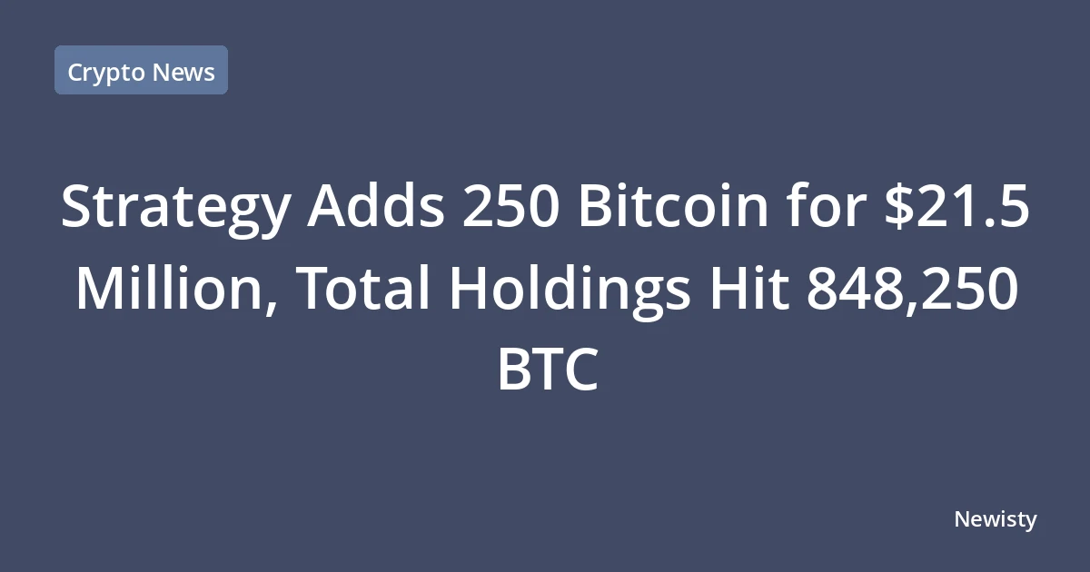 Strategy Adds 250 Bitcoin for $21.5 Million, Total Holdings Hit 848,250 BTC