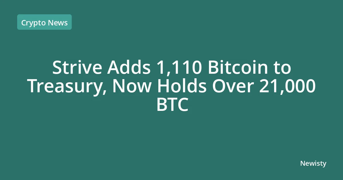 Strive Adds 1,110 Bitcoin to Treasury, Now Holds Over 21,000 BTC