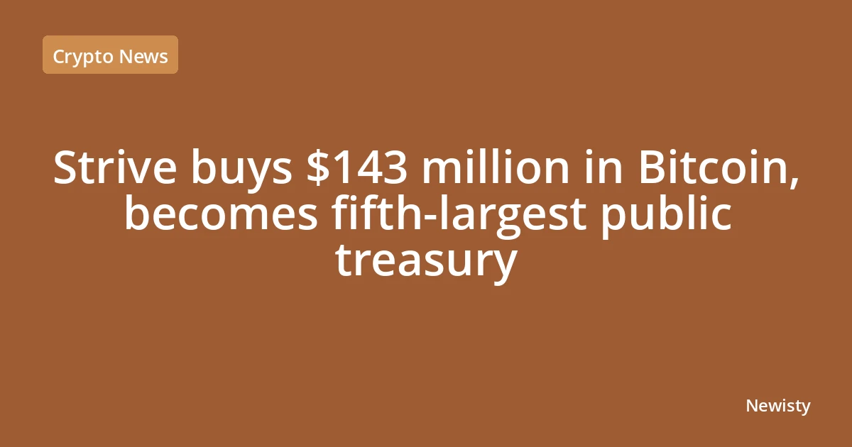 Strive buys $143 million in Bitcoin, becomes fifth-largest public treasury
