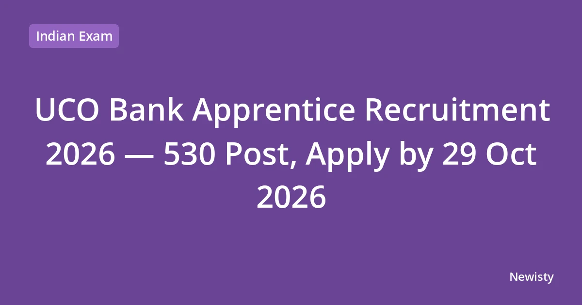 UCO Bank Apprentice Recruitment 2026 — 530 Post, Apply by 29 Oct 2026