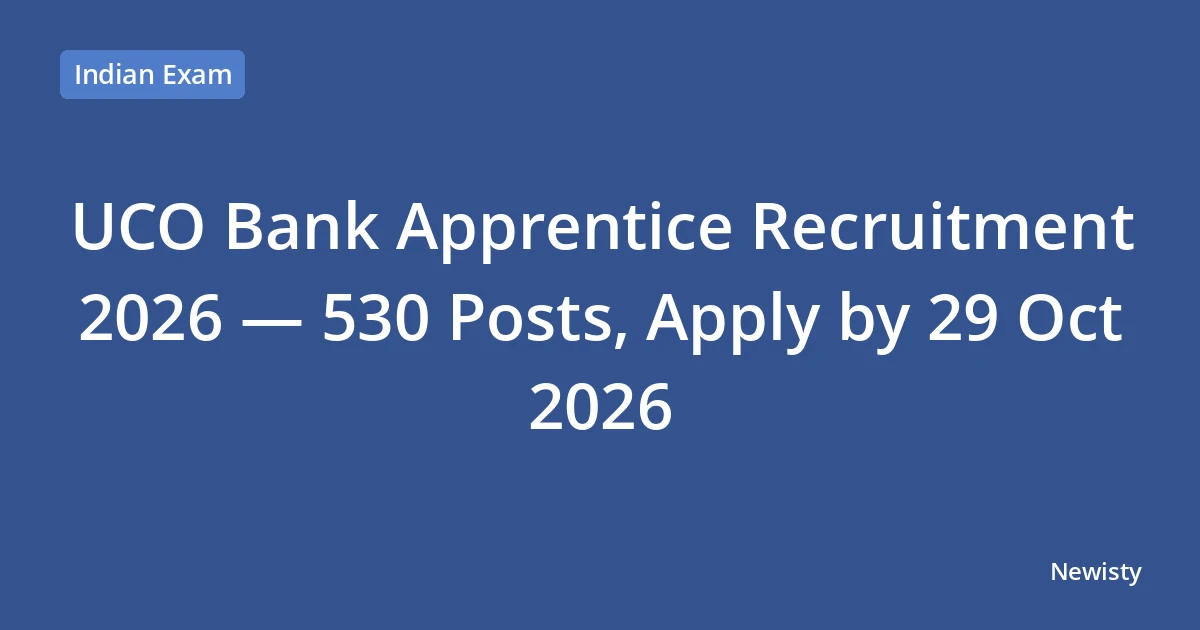 UCO Bank Apprentice Recruitment 2026 — 530 Posts, Apply by 29 Oct 2026