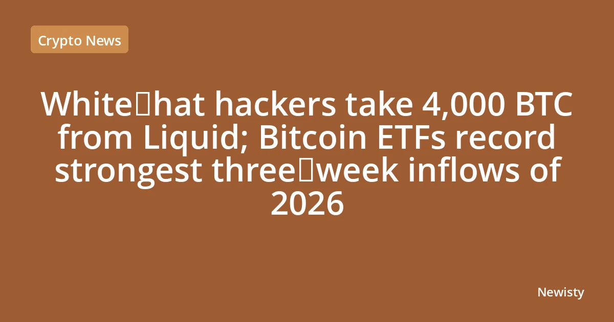 White‑hat hackers take 4,000 BTC from Liquid; Bitcoin ETFs record strongest three‑week inflows of 2026