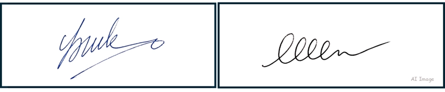 Official JAM 2027 accepted signature samples signed inside a rectangular box in blue and black ink
