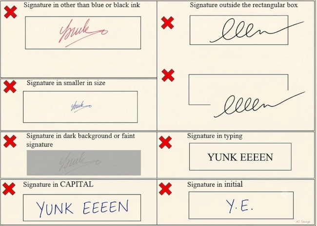 Official JAM 2027 examples of rejected signatures: other ink colour, outside the box, too small, faint or dark background, typed, capital letters, initials